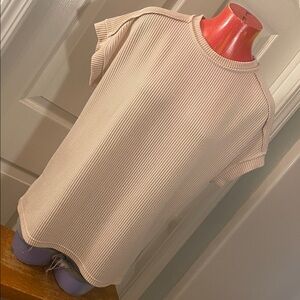 Casual Ribbed Beige Short Sleeve Top